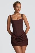 Women's plum brown square neck mini dress with satin cowl overlay skirt