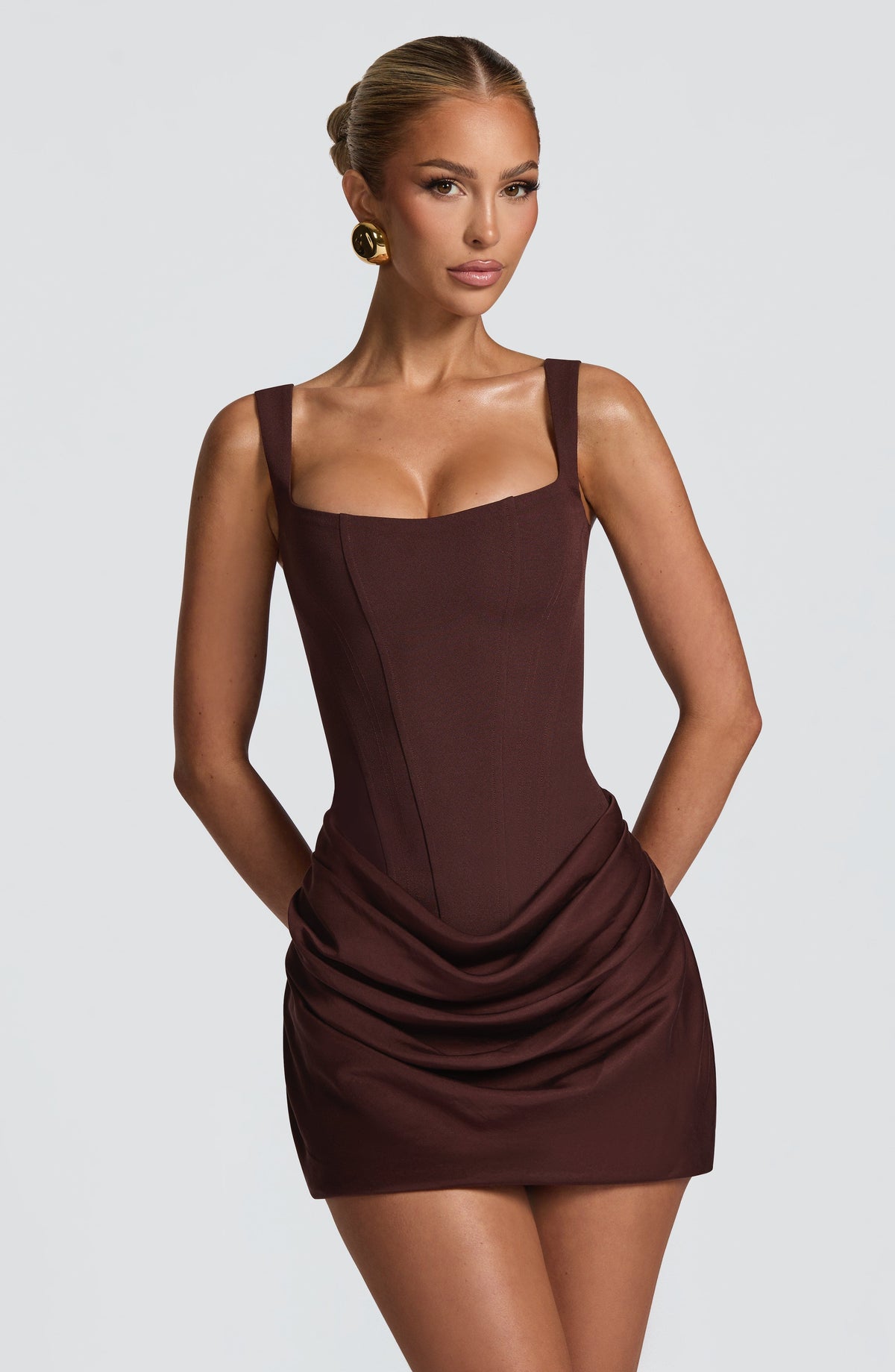 Women's plum brown square neck mini dress with satin cowl overlay skirt