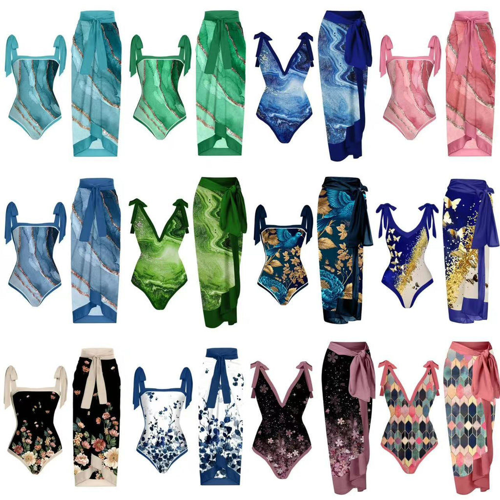 Women's printed one-piece swimsuit with matching sarong