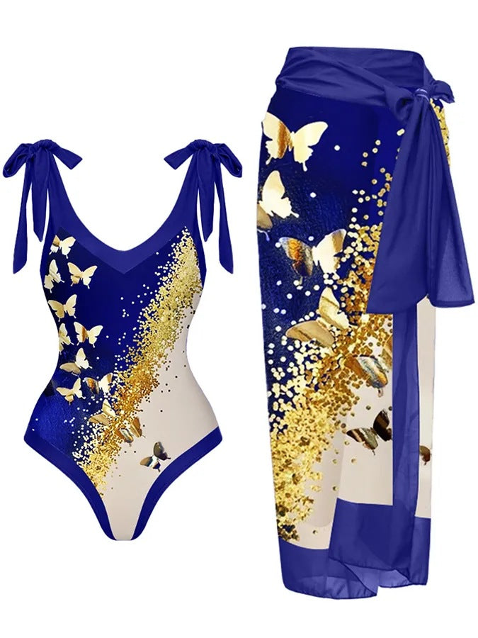 Women's Printed Swimsuit and Matching Sarong Set