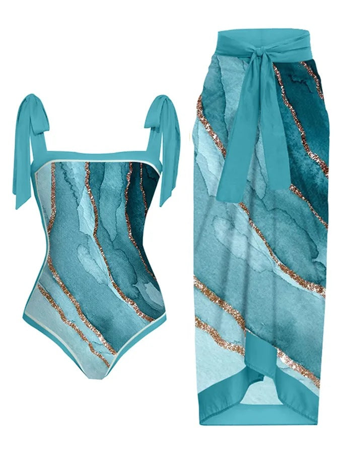 Women's Printed Swimsuit and Matching Sarong Set