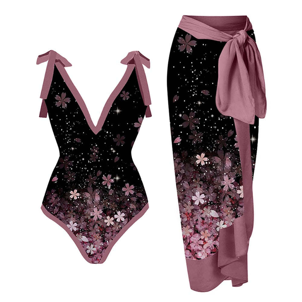 Women's Printed Swimsuit and Matching Sarong Set