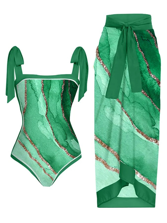 Women's Printed Swimsuit and Matching Sarong Set