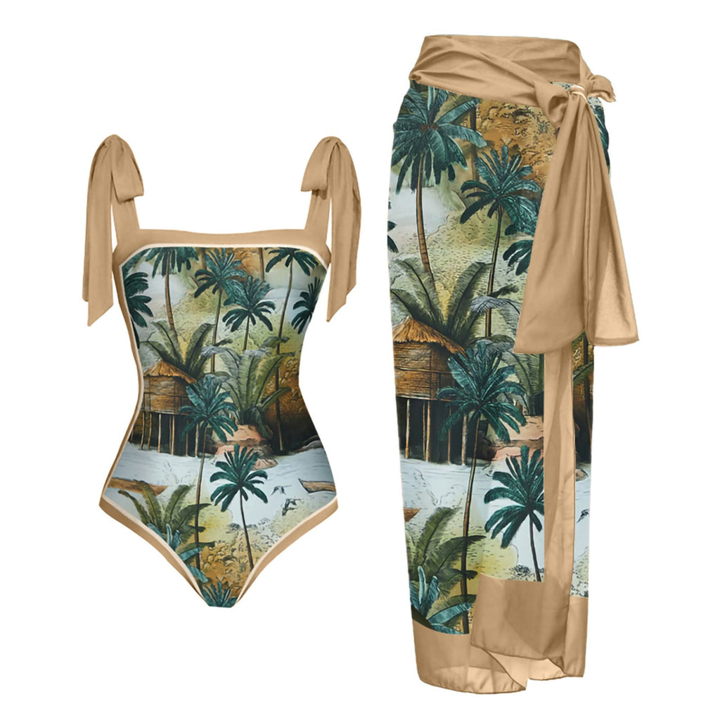 Women's Printed Swimsuit and Matching Sarong Set