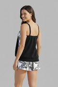 Women's scoop neck tankini top with leaf print swim shorts