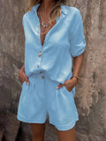 Women's collared short sleeve shirt and high-waisted pleated shorts set