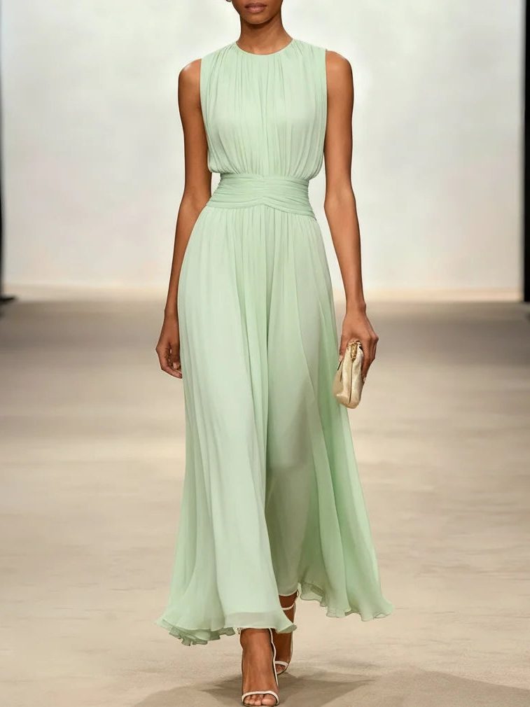 Women's Sleeveless Ruched-Waist A-Line Maxi Dress