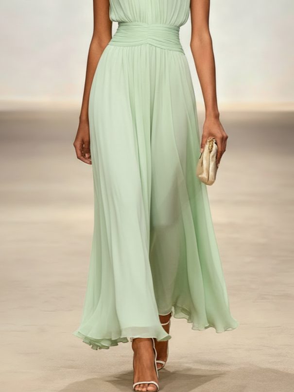 Women's Sleeveless Ruched-Waist A-Line Maxi Dress