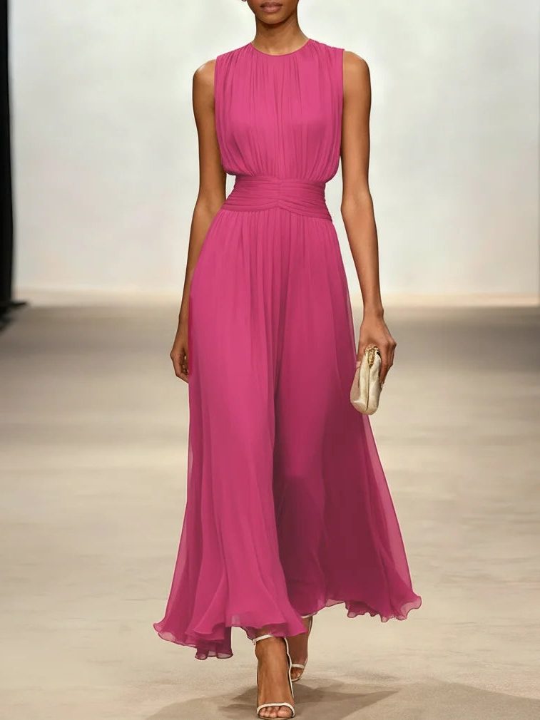 Women's Sleeveless Ruched-Waist A-Line Maxi Dress