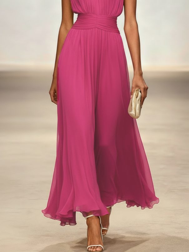 Women's Sleeveless Ruched-Waist A-Line Maxi Dress