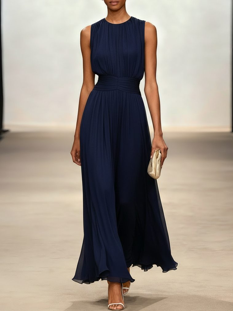 Women's Sleeveless Ruched-Waist A-Line Maxi Dress