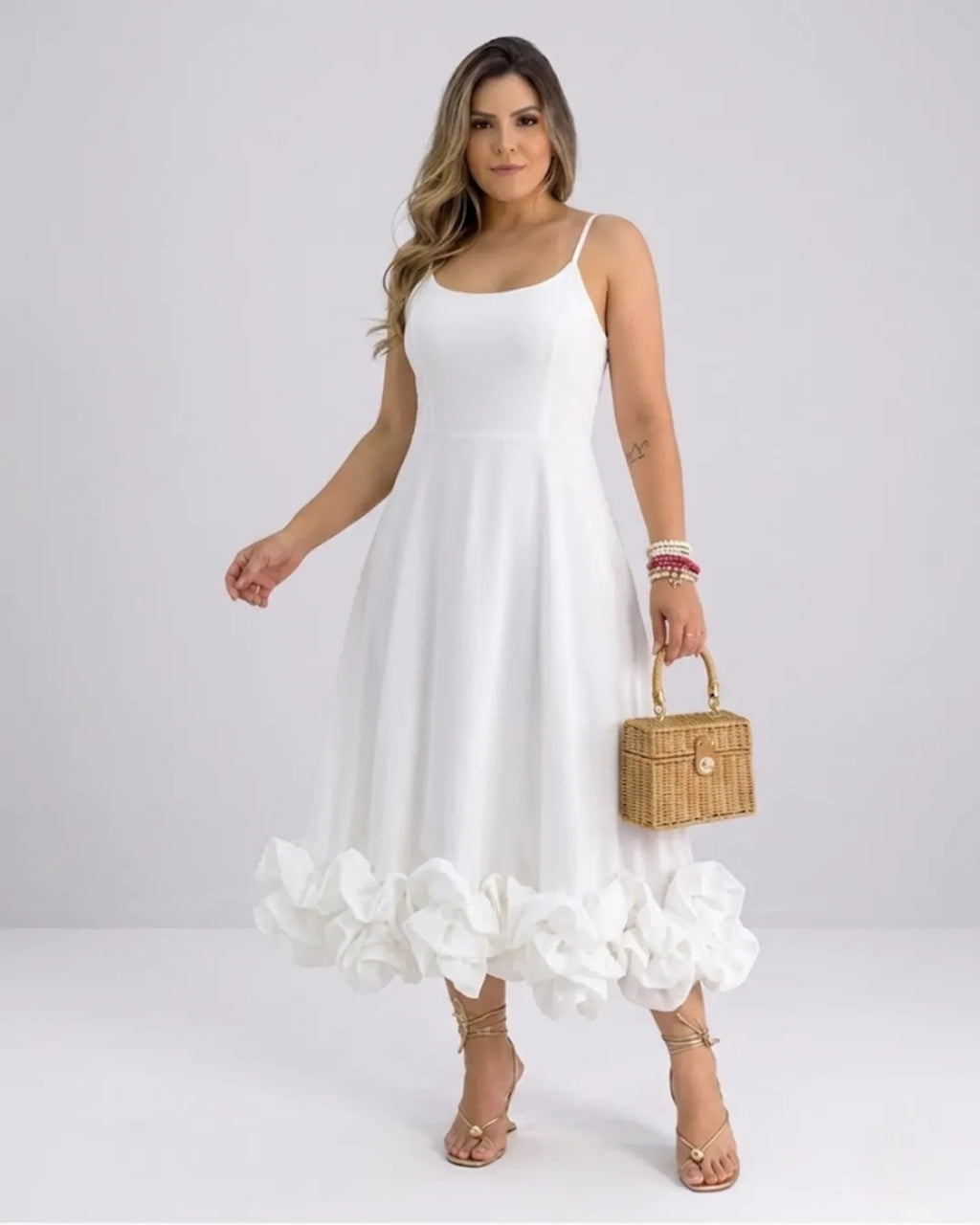 Women's spaghetti strap A-line midi dress with ruffle hem