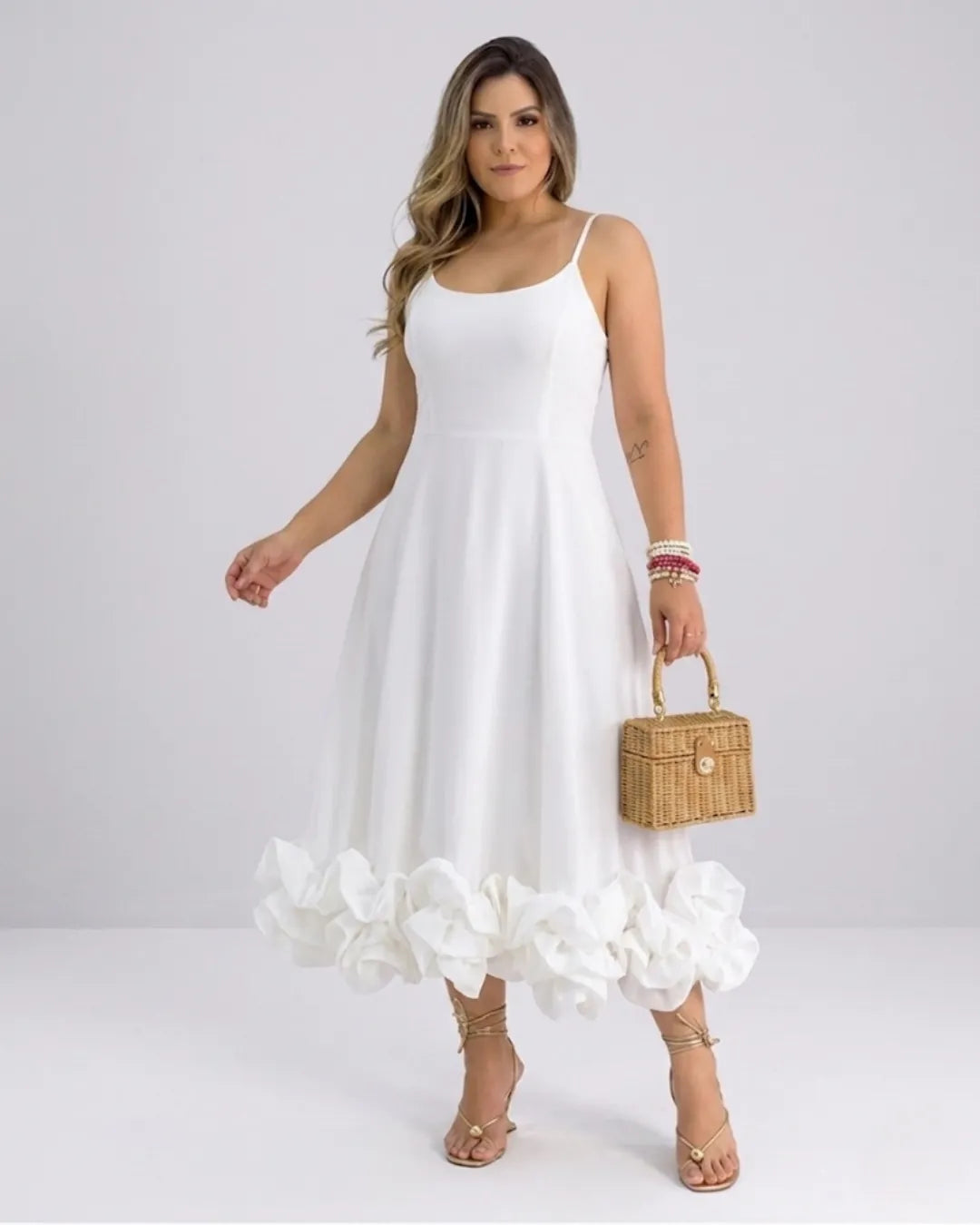 Women's spaghetti strap A-line midi dress with ruffle hem