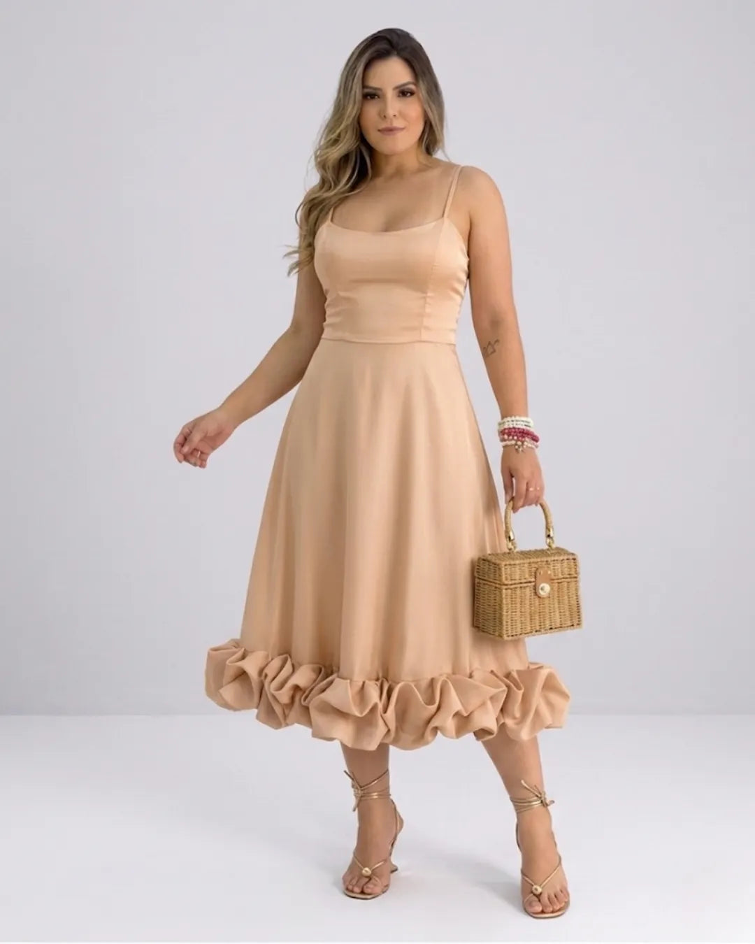 Women's Spaghetti Strap A-Line Midi Dress with Ruffle Hem