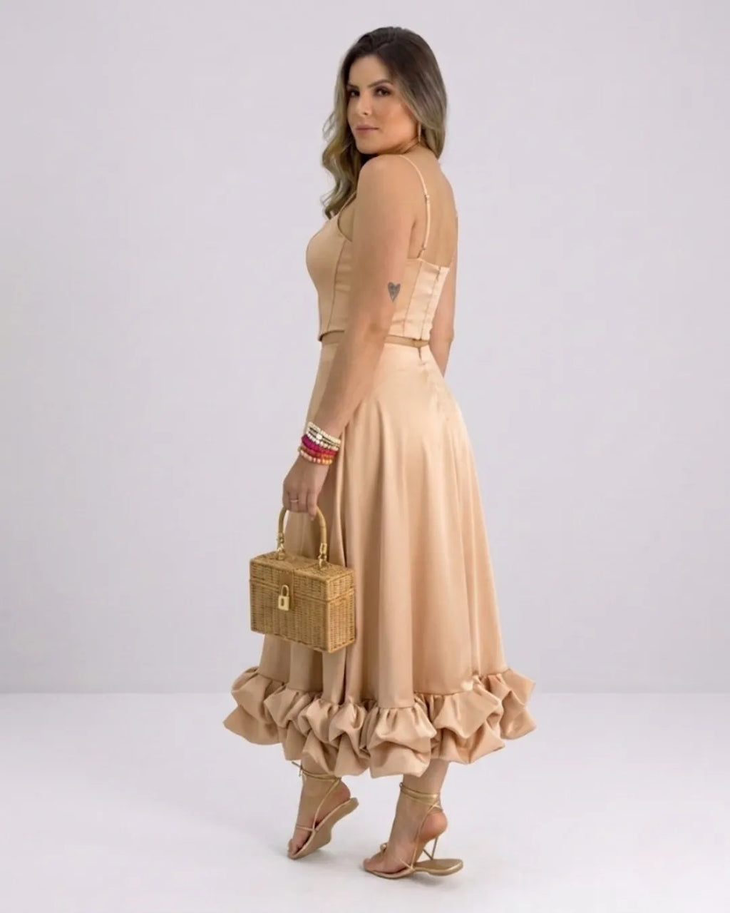 Women's Spaghetti Strap A-Line Midi Dress with Ruffle Hem
