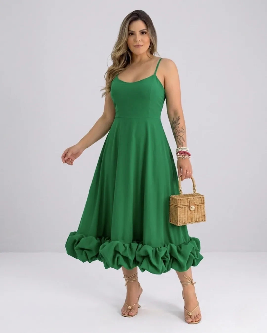 Women's Spaghetti Strap A-Line Midi Dress with Ruffle Hem
