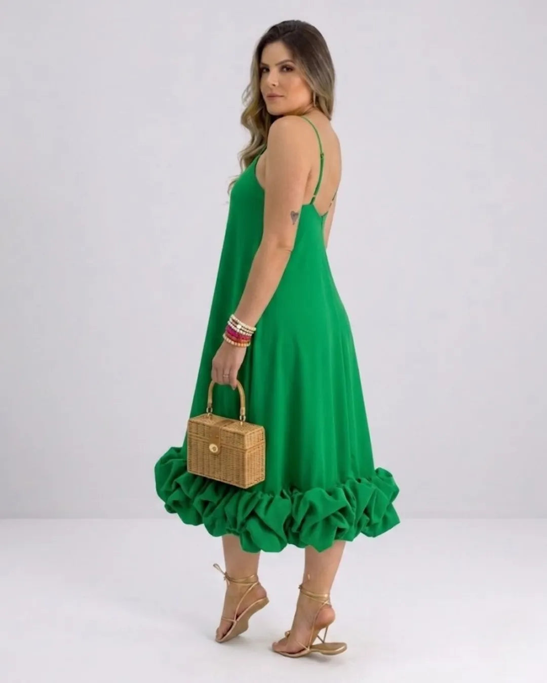 Women's Spaghetti Strap A-Line Midi Dress with Ruffle Hem