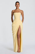 Women's strapless maxi dress with ruched waist and thigh slit