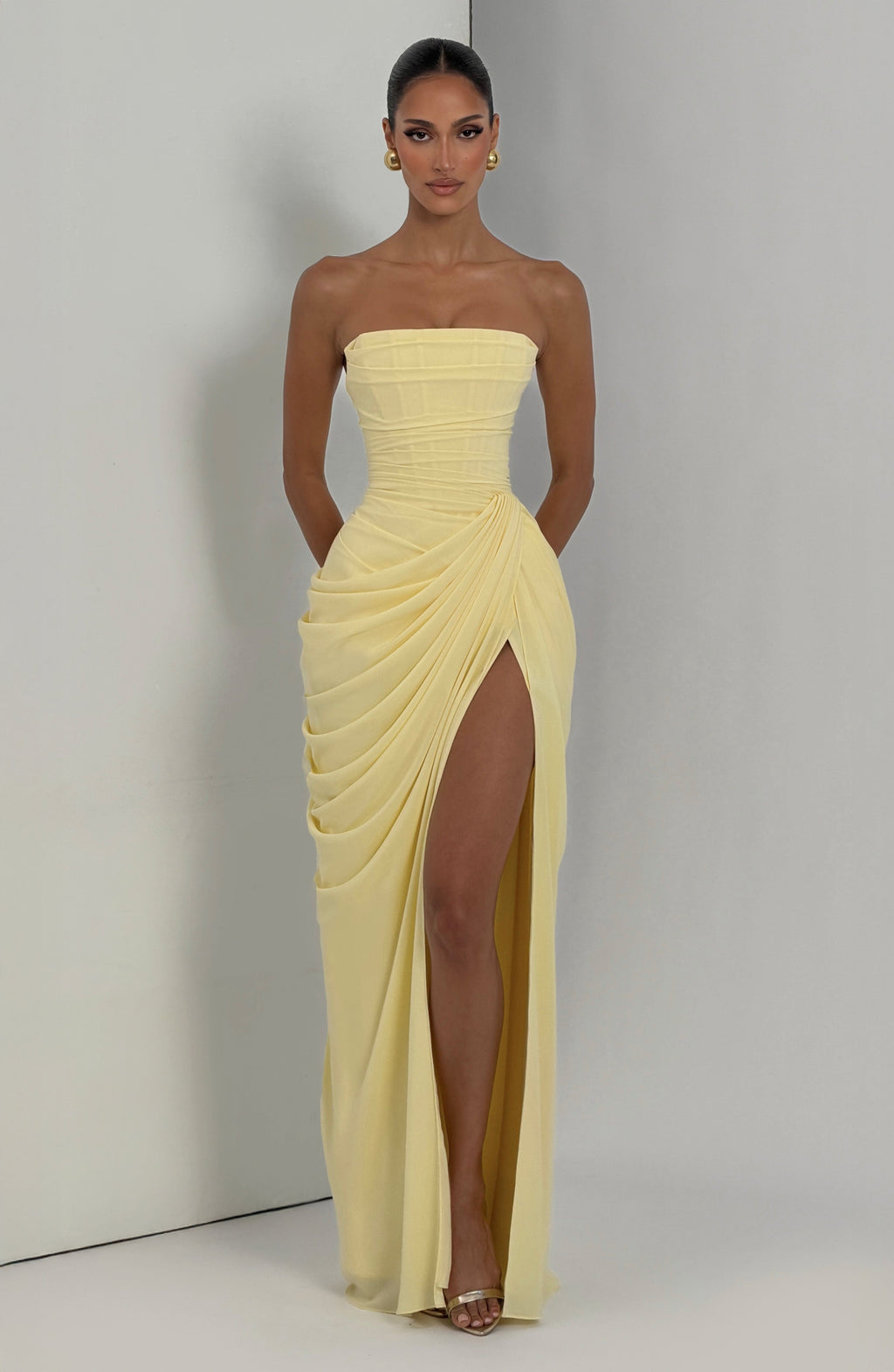 Women's Strapless Ruched Maxi Dress with Thigh Slit