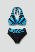 Women's striped halter bikini with wide straps and high-waisted bottoms