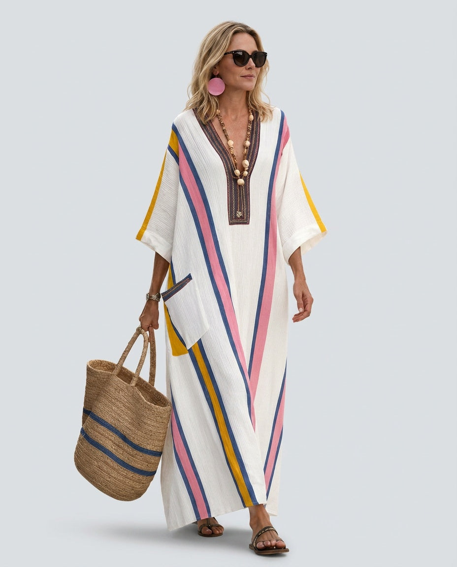 Women's white striped kaftan maxi dress with wide sleeves and pockets