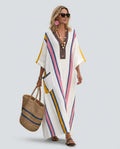 Women's white striped kaftan maxi dress with wide sleeves and pockets