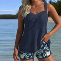 Women's vertical striped tankini top with tummy control panel and swim shorts