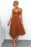 Women's sweetheart neckline midi dress with short sleeves