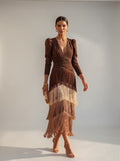 Women's tiered fringe V-neck midi dress with puffed long sleeves