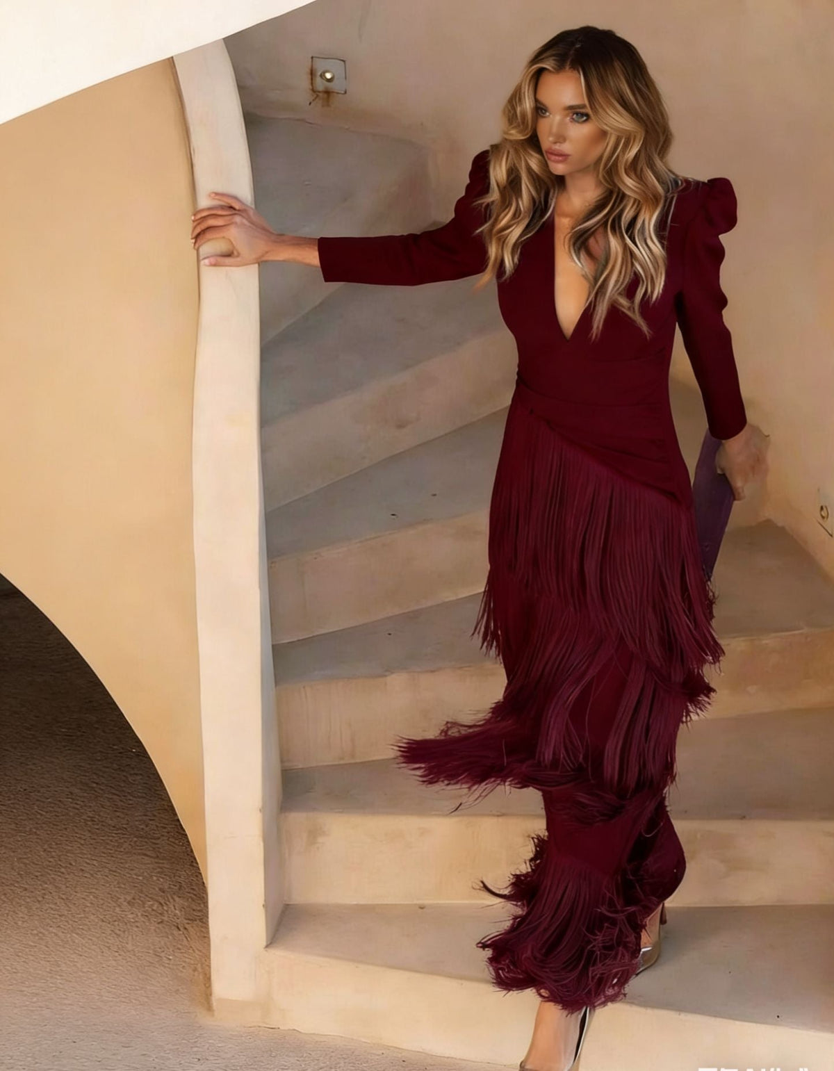 Women's Tiered Fringe V-Neck Puff Sleeve Midi Dress
