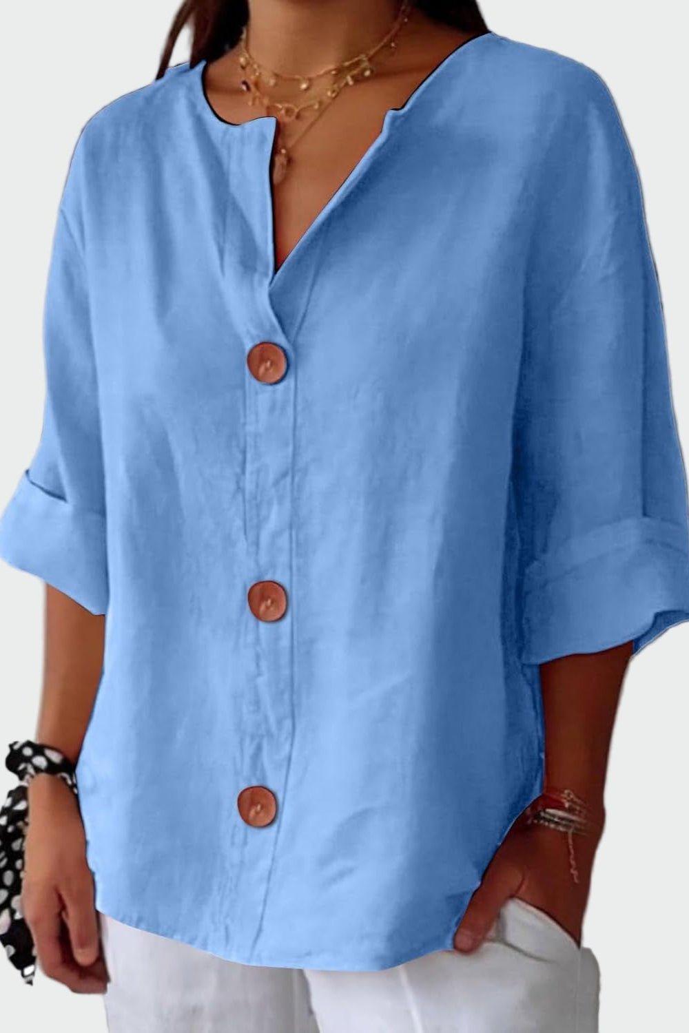 Women's V-neck button-front blouse – detail view
