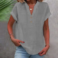 Women's V-neck short sleeve top with button placket
