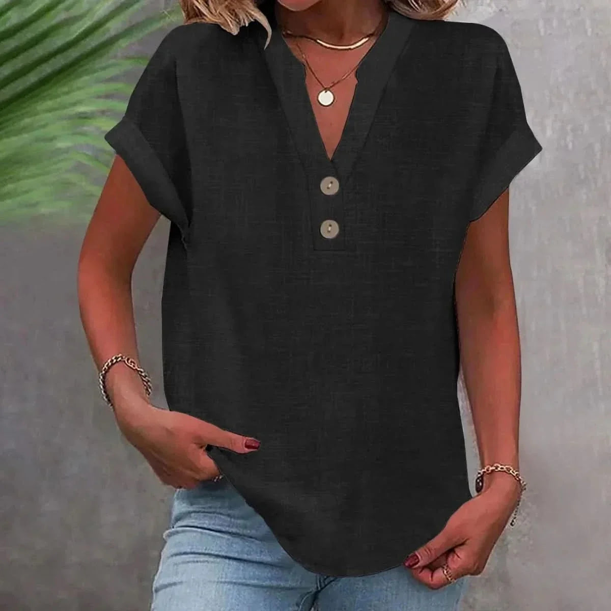 V-neck button placket top – colour option