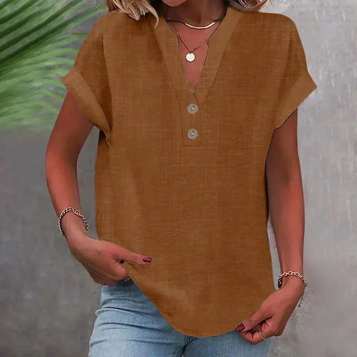 V-neck button placket top – colour option